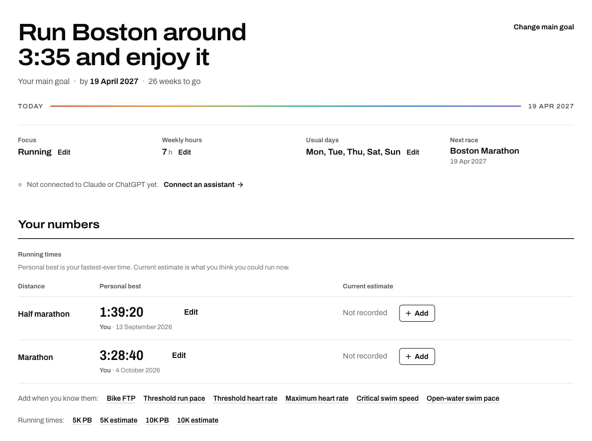 An Athmex profile for an illustrative runner: the goal Run Boston around 3:35 and enjoy it, the Boston Marathon as the next race, and a marathon and half-marathon PB, each with its date.