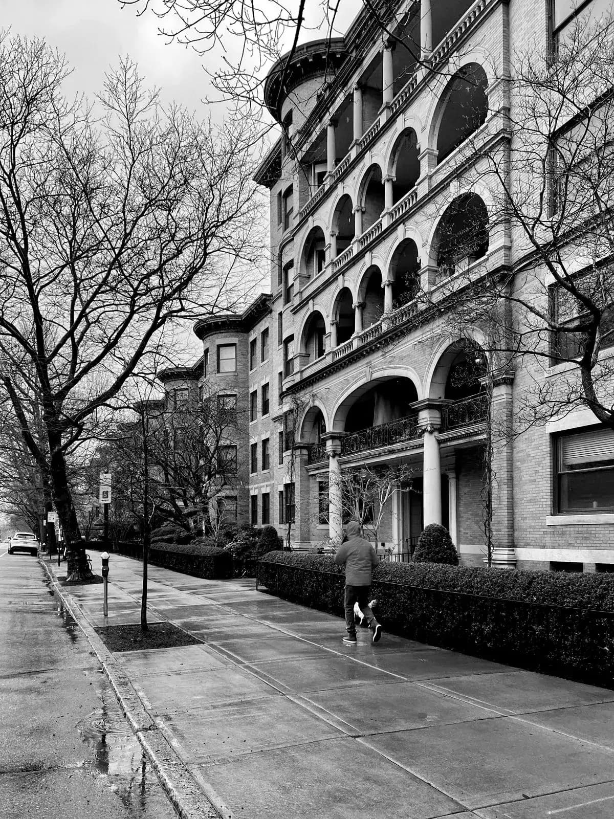 A runner in the rain passing a historic apartment building on a tree-lined Boston street.