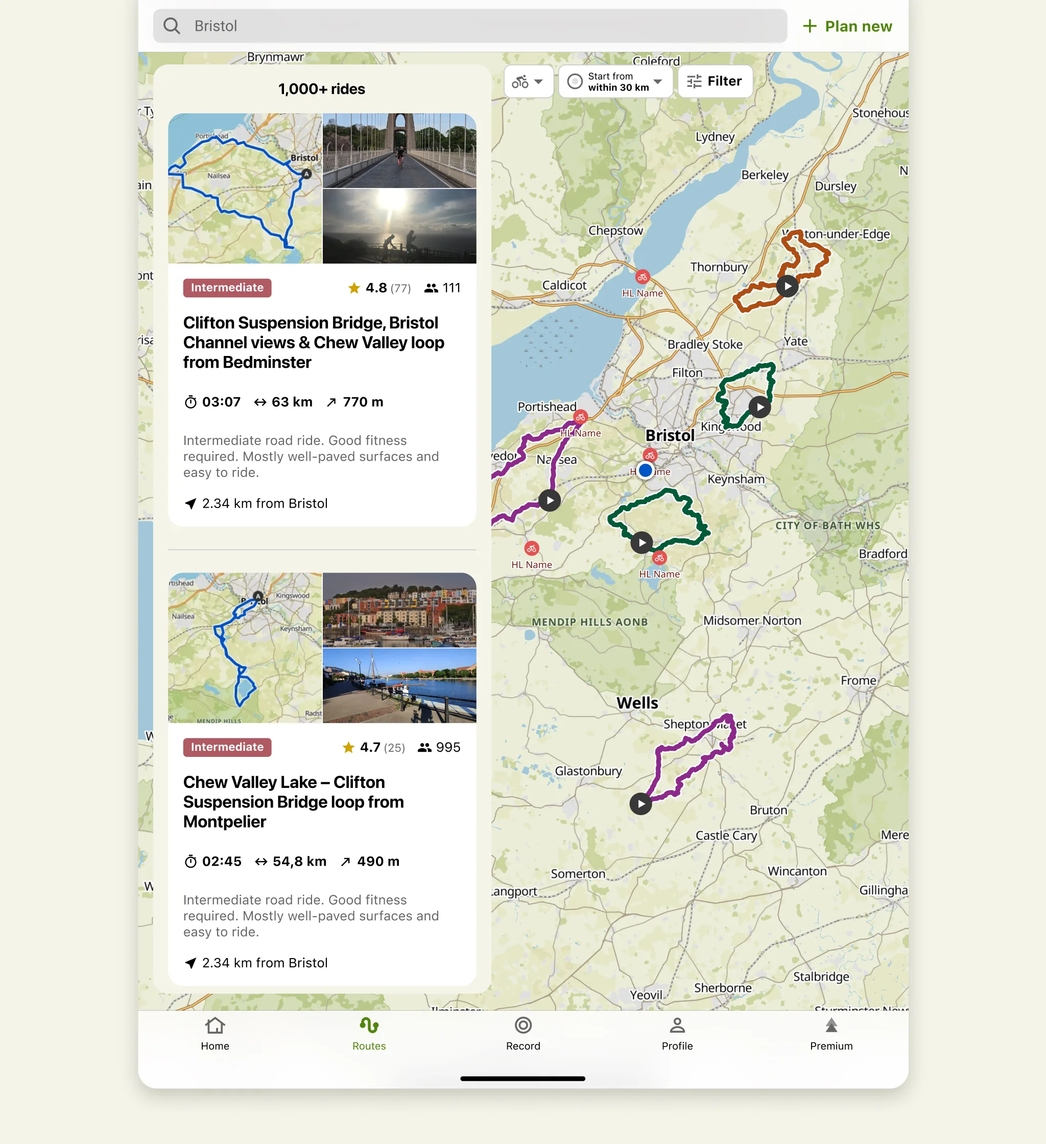 komoot route planner on iPad listing nearby cycling Tours beside a map of planned routes
