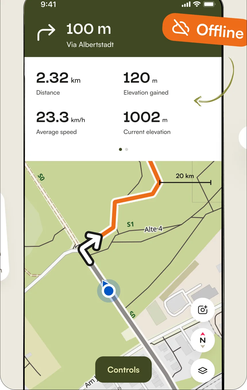 komoot turn-by-turn navigation with offline maps, showing distance, elevation gain and average speed