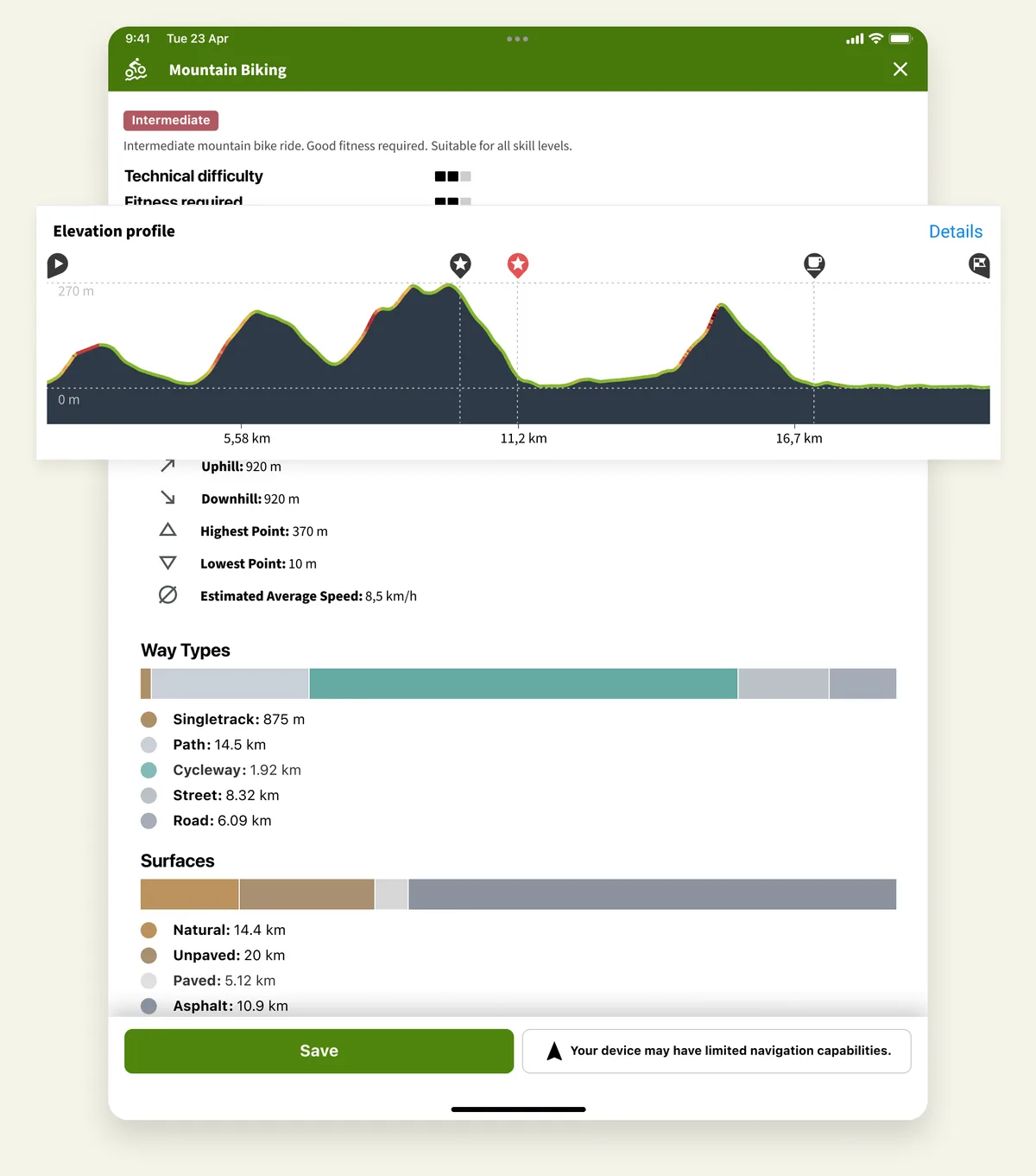 komoot route detail with an elevation profile, way types and a surface breakdown for a mountain bike Tour