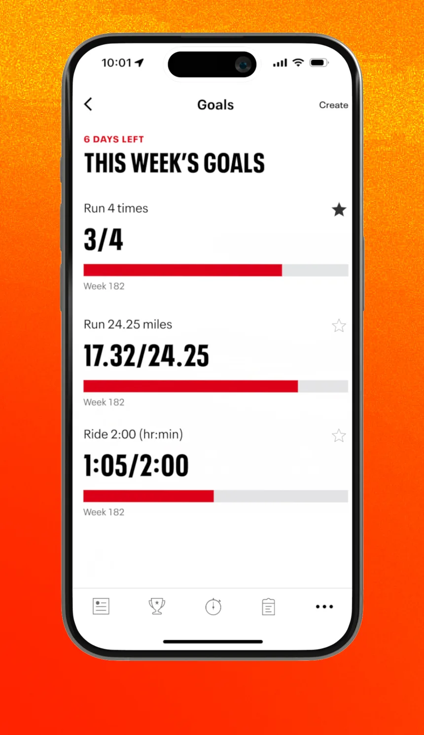 MapMyRide weekly goals showing progress for runs completed, miles and ride time