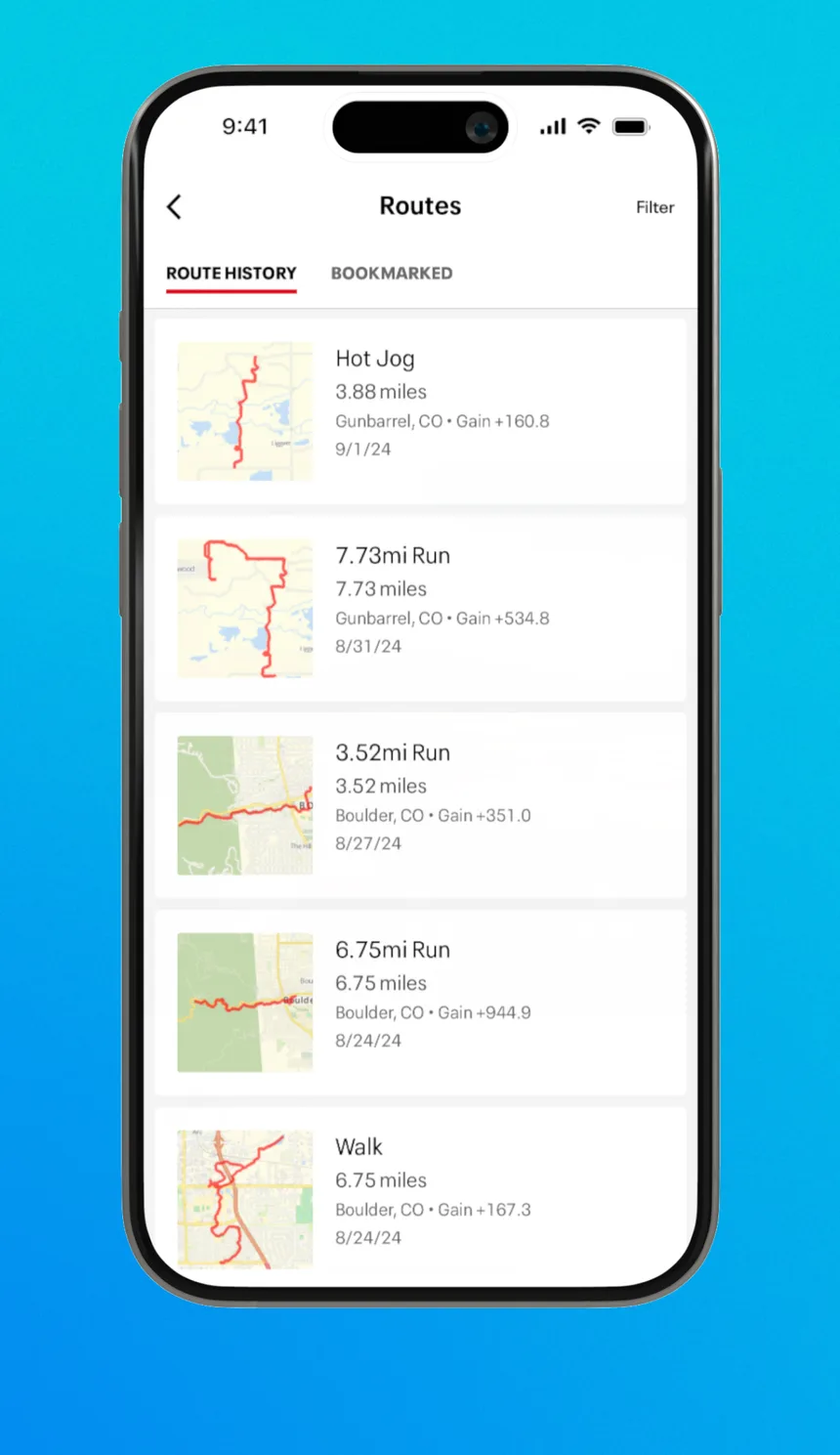 MapMyRun route history listing saved runs with distance, location and a small route map for each
