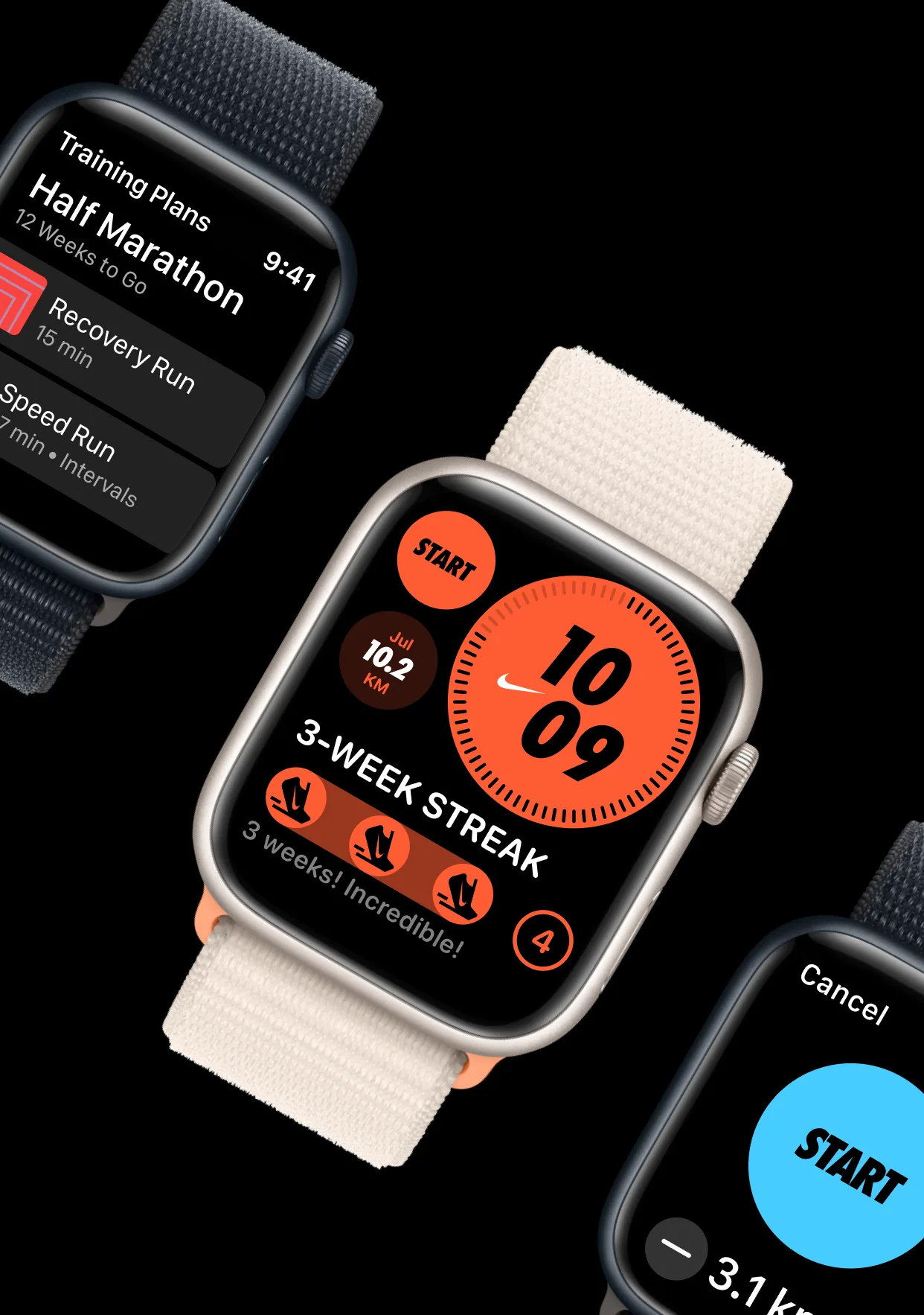 Nike Run Club on Apple Watch showing a half marathon training plan, a recovery run and a speed run