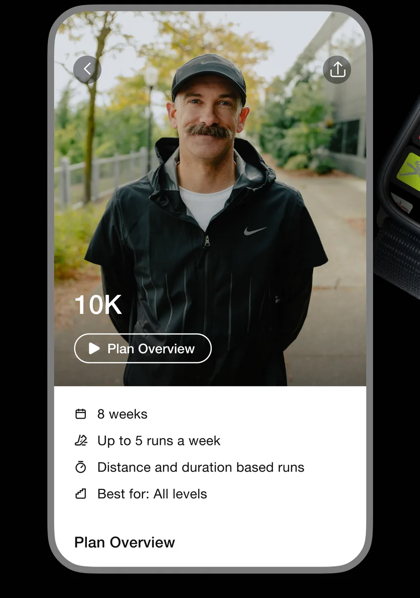 Nike Run Club 10K plan overview with a coach, eight weeks, up to five runs a week and all levels