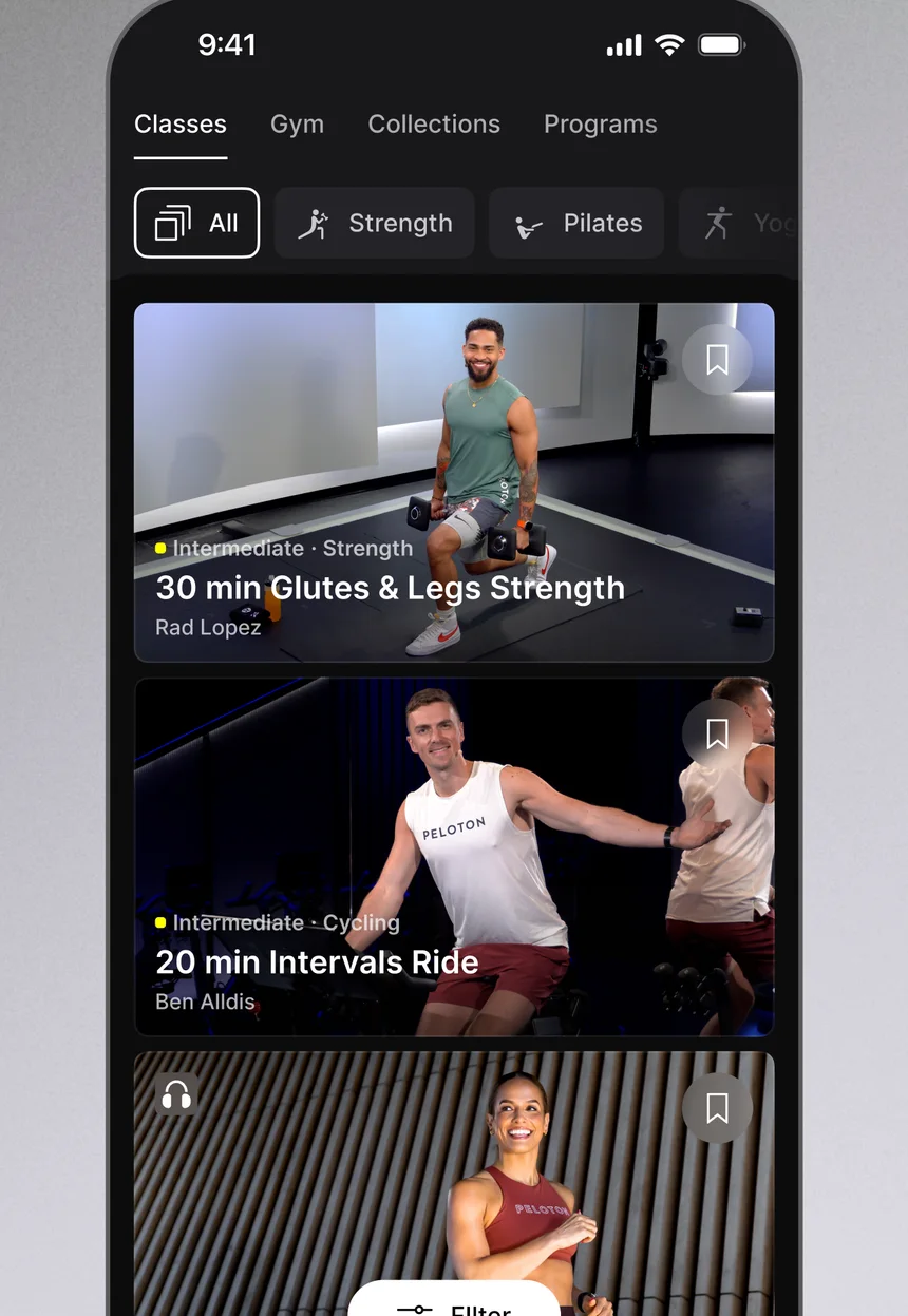 Peloton App class list showing a 30 minute strength class and a 20 minute intervals ride with Ben Alldis