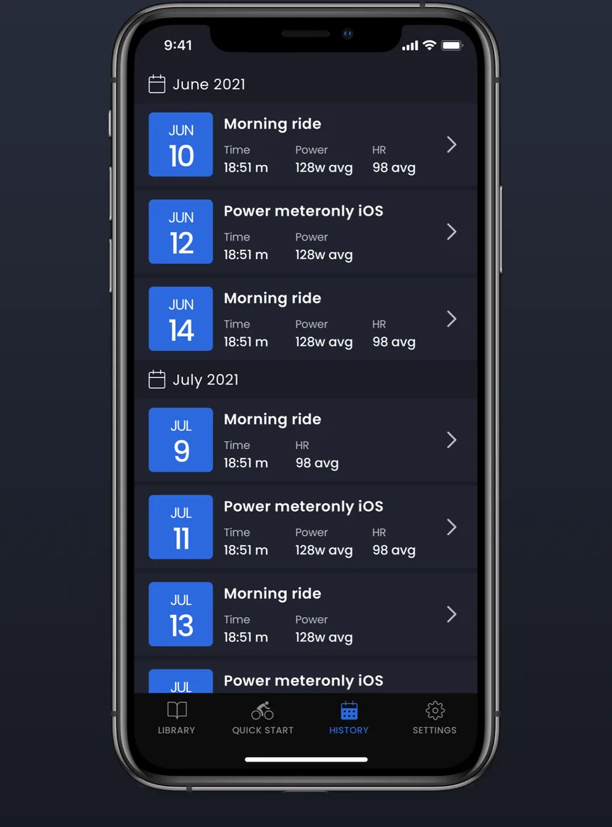 TrainerDay ride history by month listing morning rides with time, power and heart rate