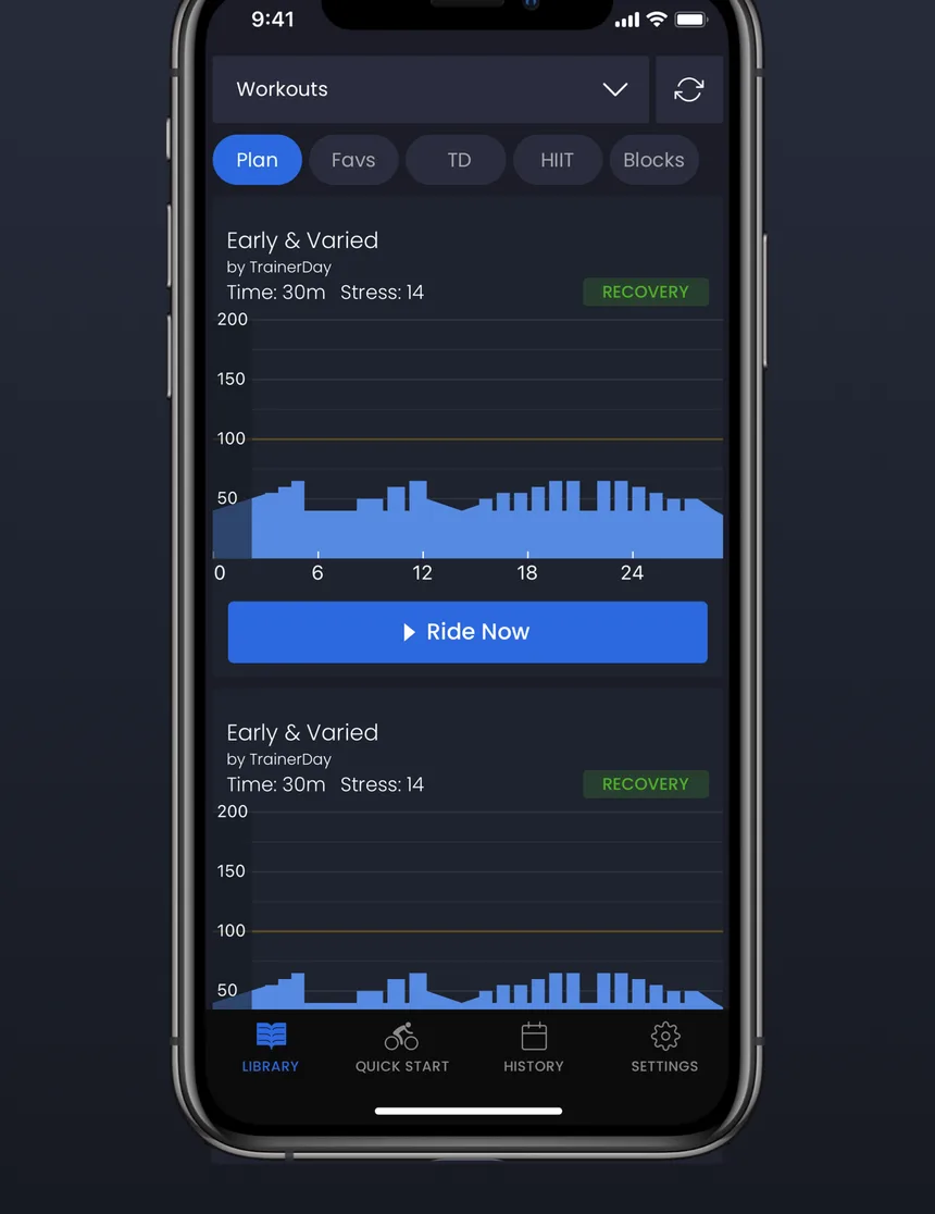 TrainerDay workouts and plans list with interval profiles and a ride now button