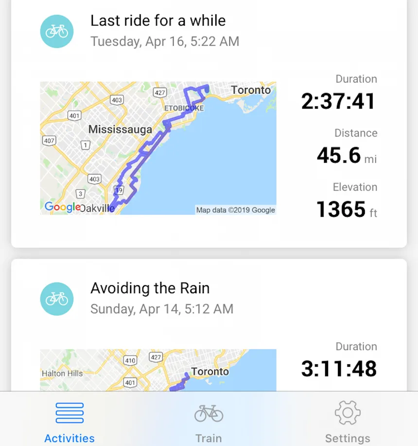 Xert activities list with recent rides showing duration, distance, elevation and a route map