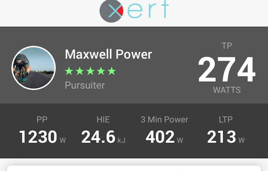 Xert rider profile with Threshold Power of 274 watts, Peak Power, High Intensity Energy and 3 minute power