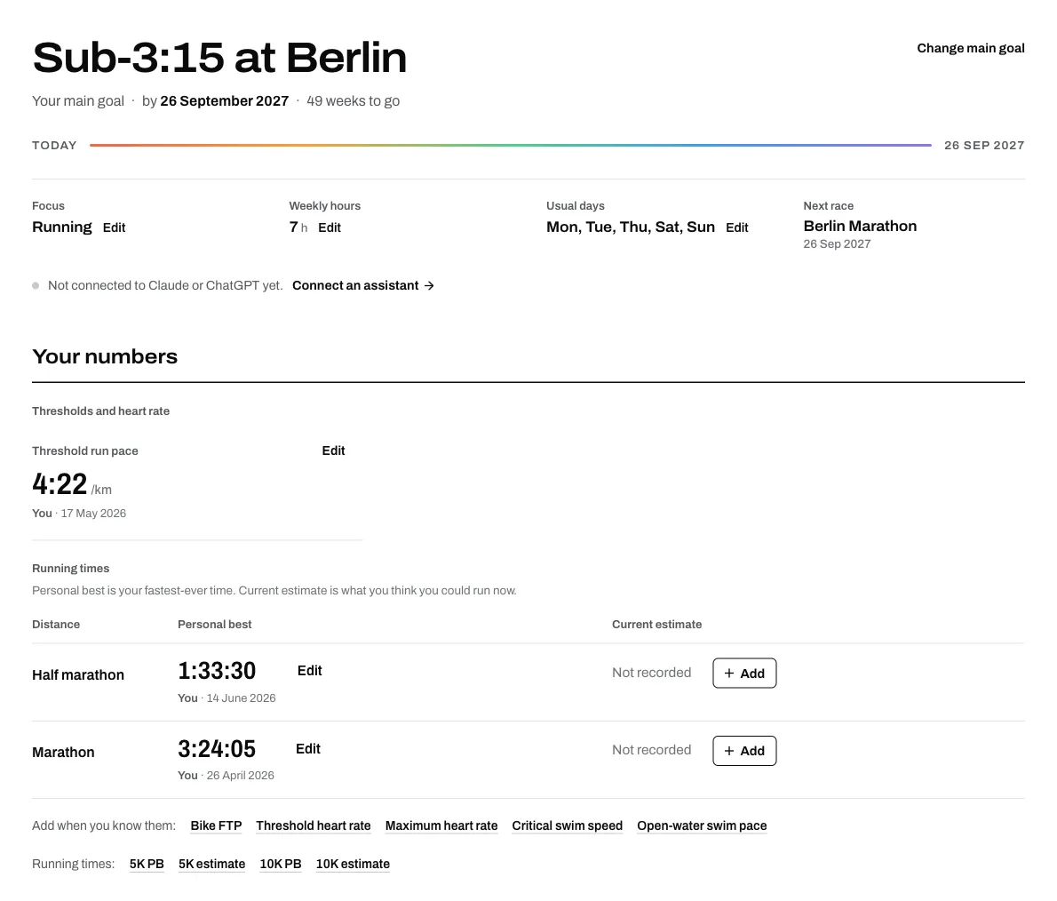 An Athmex profile for an illustrative runner: the goal Sub-3:15 at Berlin, the Berlin Marathon as the next race, and a threshold pace and two PBs, each with its date.