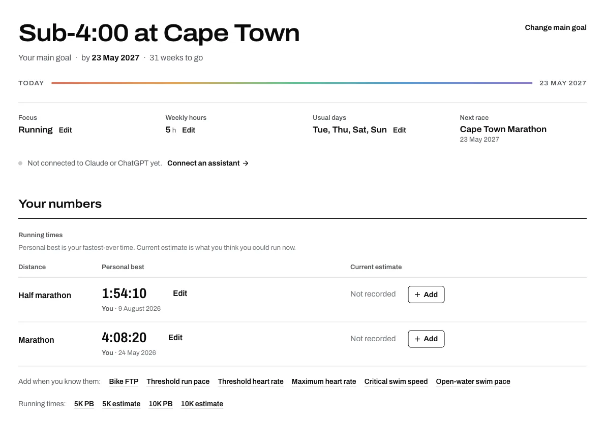 An Athmex profile for an illustrative runner: the goal Sub-4:00 at Cape Town, the Cape Town Marathon as the next race, and a marathon and half-marathon PB, each with its date.