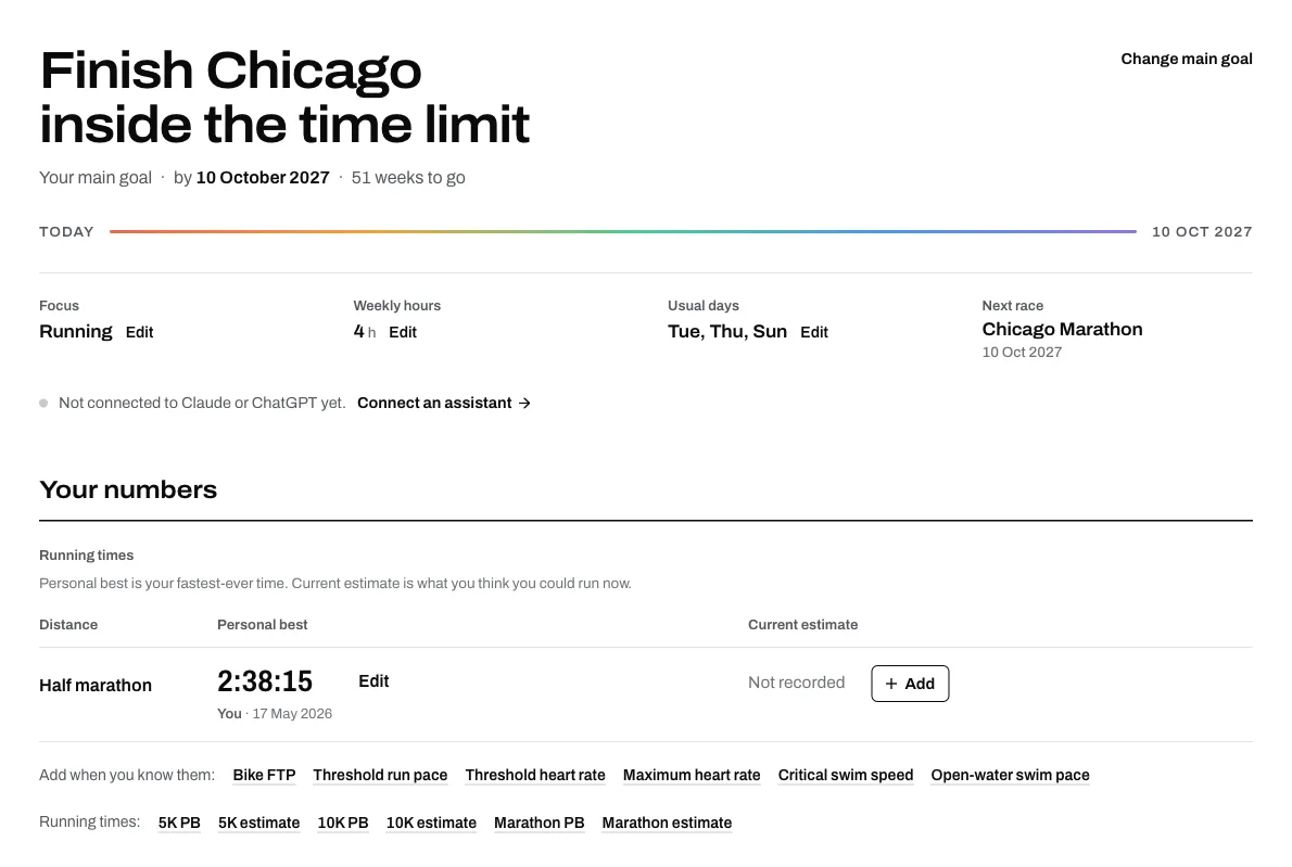 An Athmex profile for an illustrative runner: the goal Finish Chicago inside the time limit, the Chicago Marathon as the next race, and a half-marathon PB with its date.