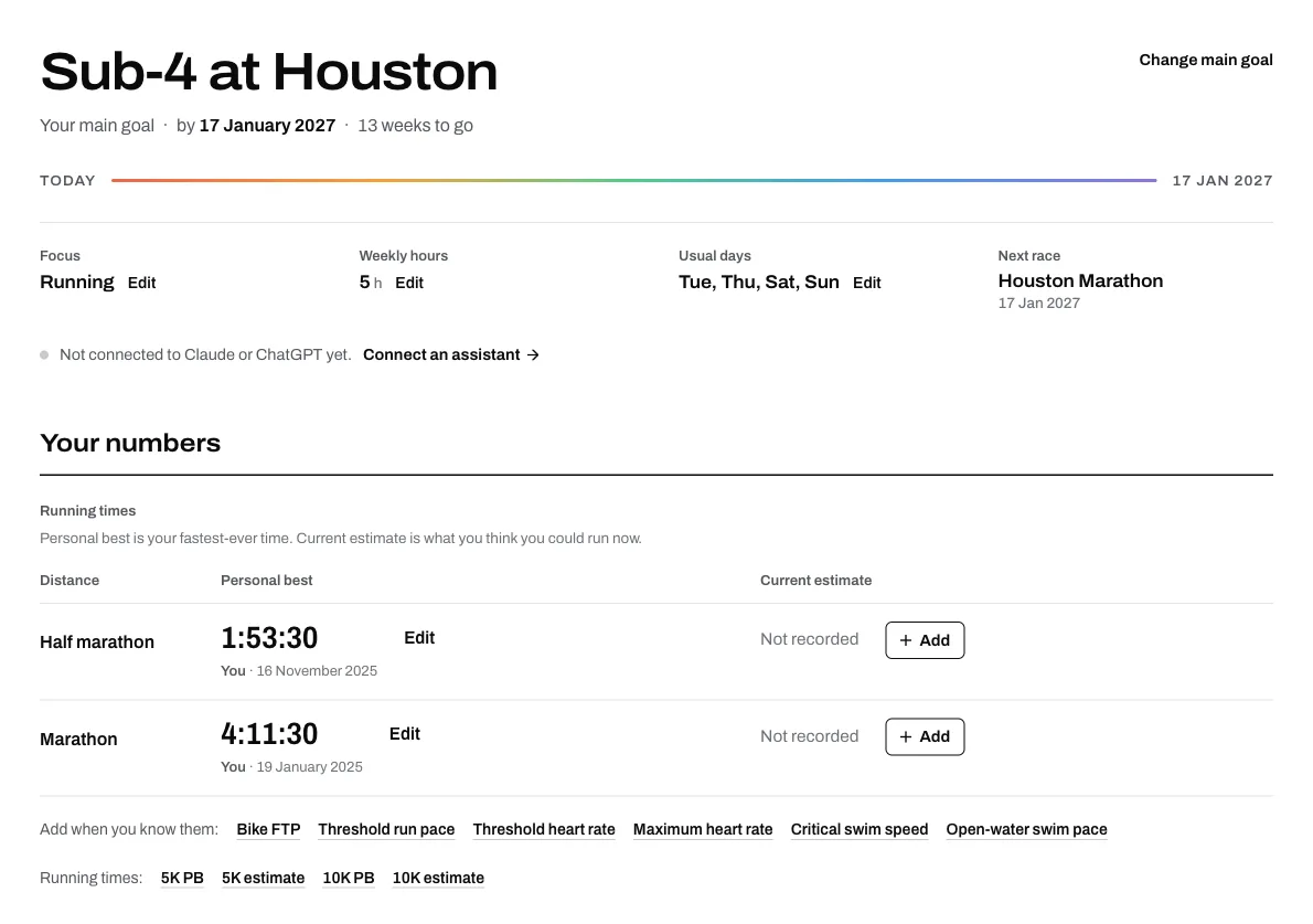 An Athmex profile for an illustrative runner: the goal Sub-4 at Houston, the Houston Marathon as the next race, and a marathon and half-marathon PB, each with its date.