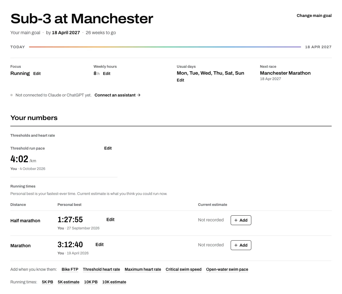 An Athmex profile for an illustrative runner: the goal Sub-3 at Manchester, the Manchester Marathon as the next race, and a threshold pace and two PBs, each with its date.