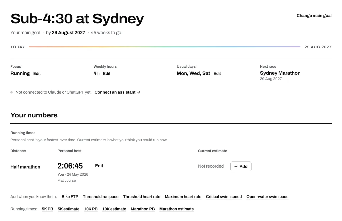 An Athmex profile for an illustrative runner: the goal Sub-4:30 at Sydney, the Sydney Marathon as the next race, and a half-marathon PB with its date and where it was run.