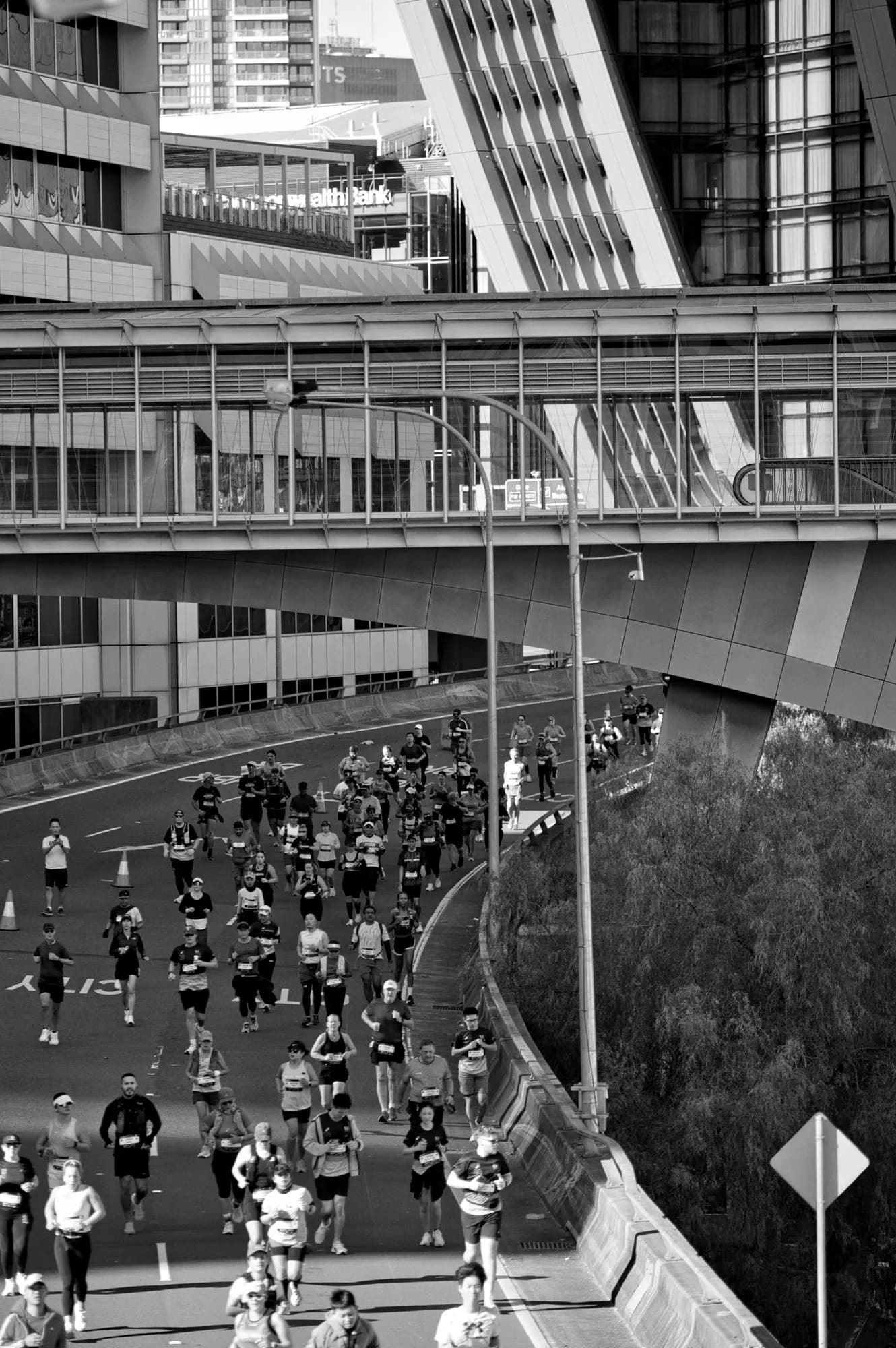 Sydney Marathon runners filling a curving city road beneath a raised walkway.