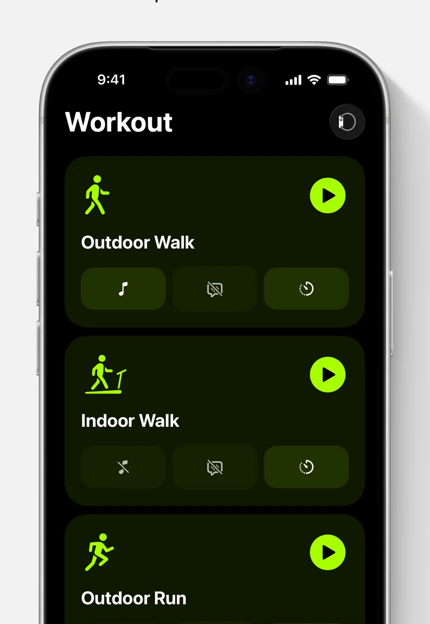 Apple Workout app on iPhone listing Outdoor Walk, Indoor Walk and Outdoor Run