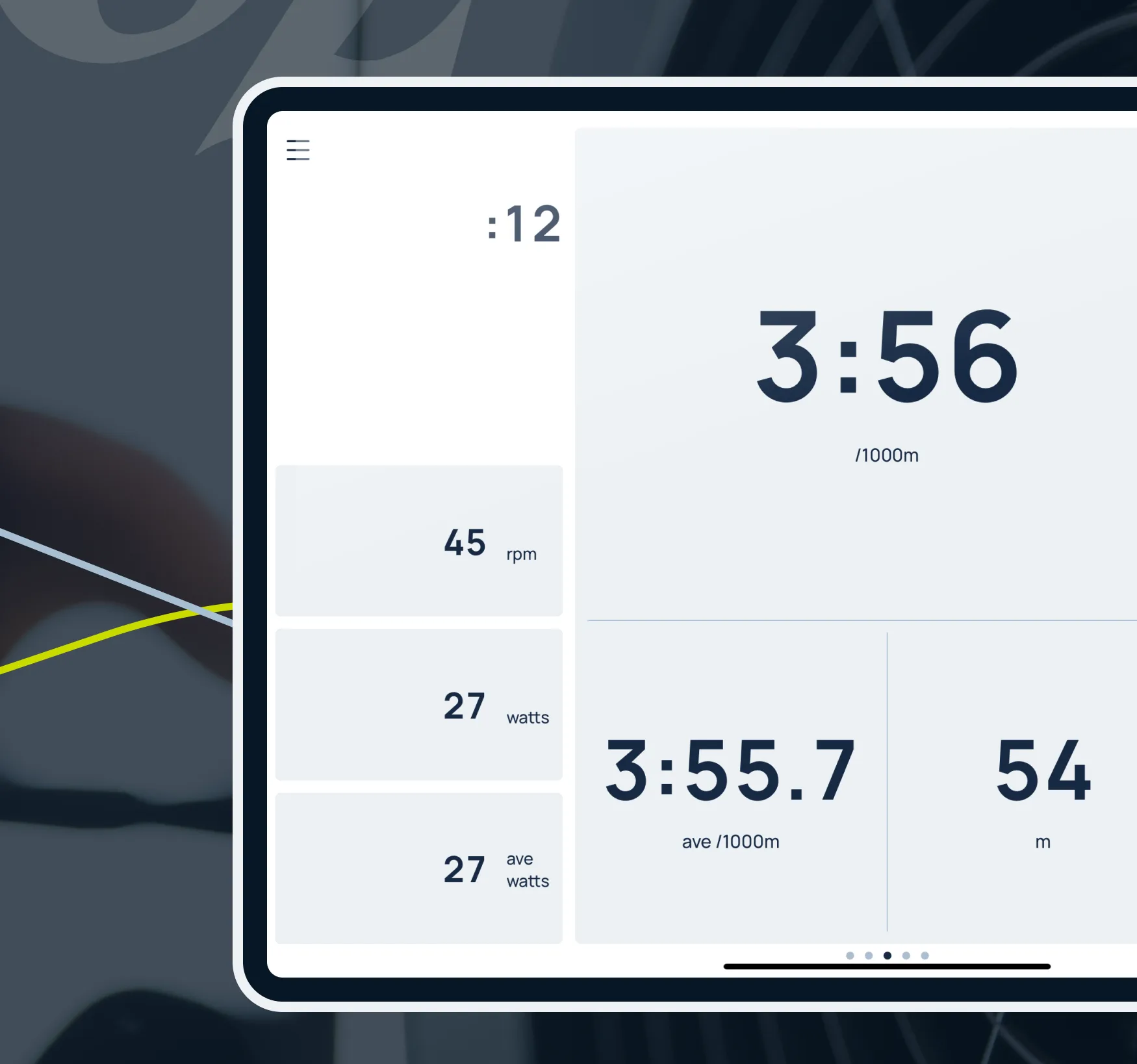 ErgData on iPad showing a live BikeErg workout with pace per 1000 m, watts, cadence and elapsed time