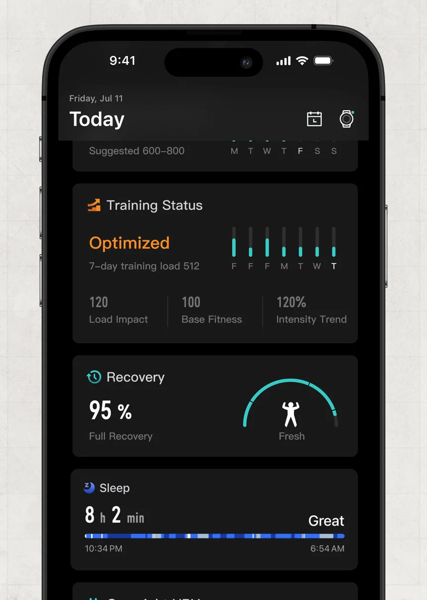 COROS app Today screen with Training Status Optimized, Load Impact, Base Fitness, Intensity Trend and 95% Recovery