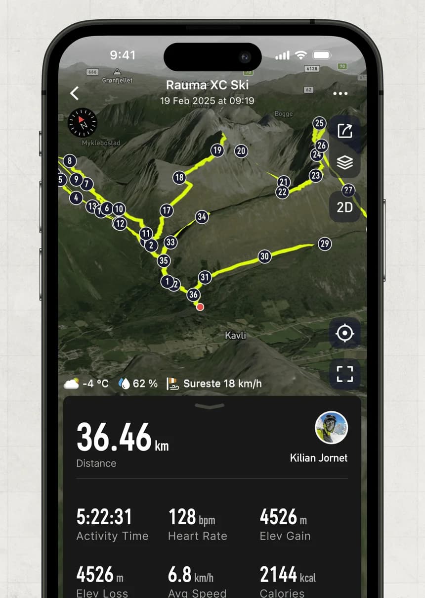 COROS app activity summary with a 3D mountain route map, 36.46 km distance, heart rate and 4,526 m of climbing