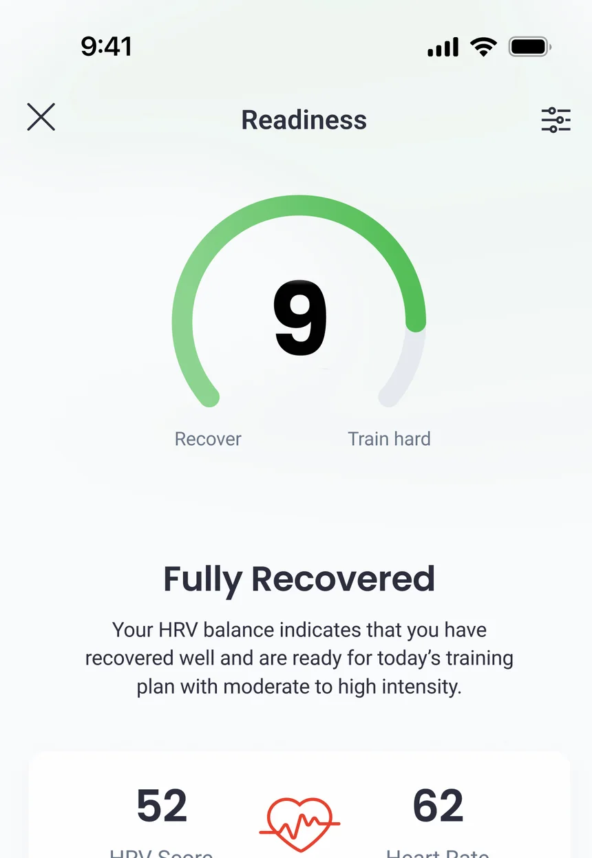 Final Surge readiness score of 9, Fully Recovered, with HRV score and heart rate