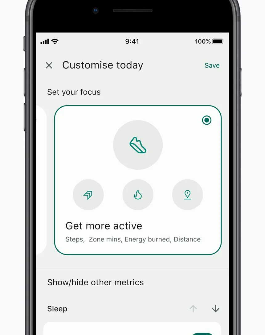 Fitbit app Customise today screen letting you set a focus such as getting more active