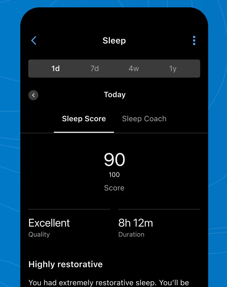 Garmin Connect sleep screen showing a Sleep Score of 90 with sleep quality and duration