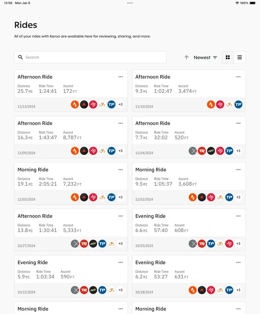 Hammerhead app ride history listing rides with distance, ride time and ascent
