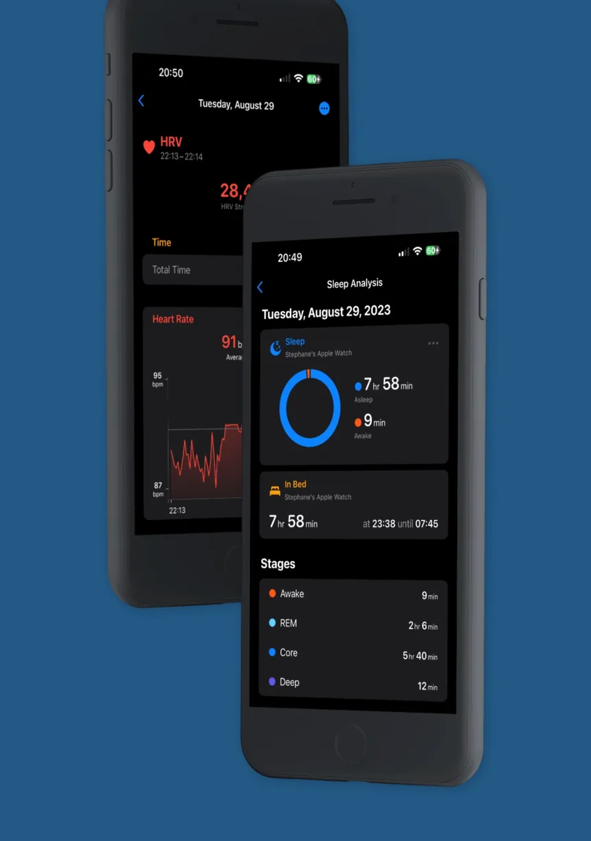 HealthFit health metrics showing heart-rate variability and a sleep analysis with sleep stages