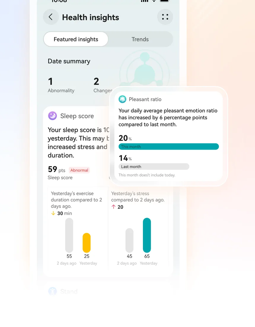 Huawei Health insights screen with a sleep score summary and trends compared with the previous days