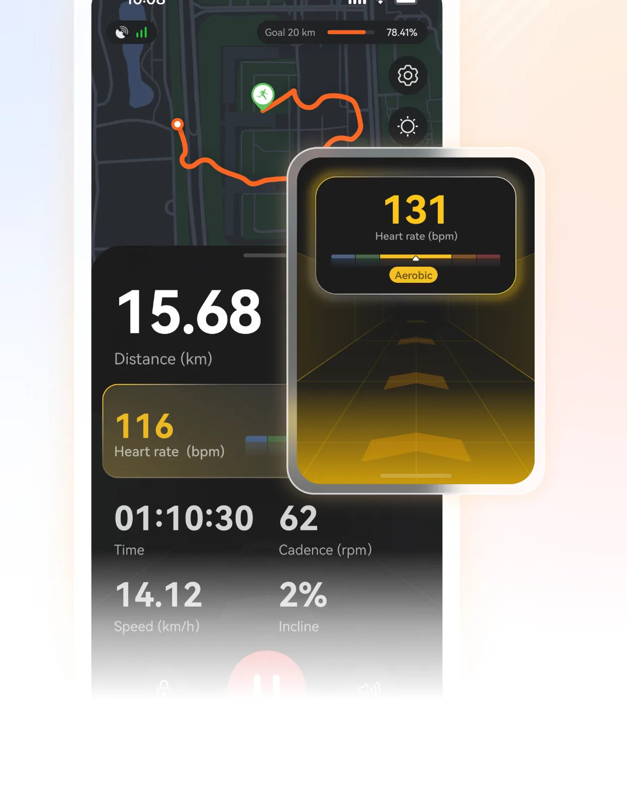 Huawei Health outdoor run showing a 15.68 km route with heart rate, cadence and a live heart-rate reading