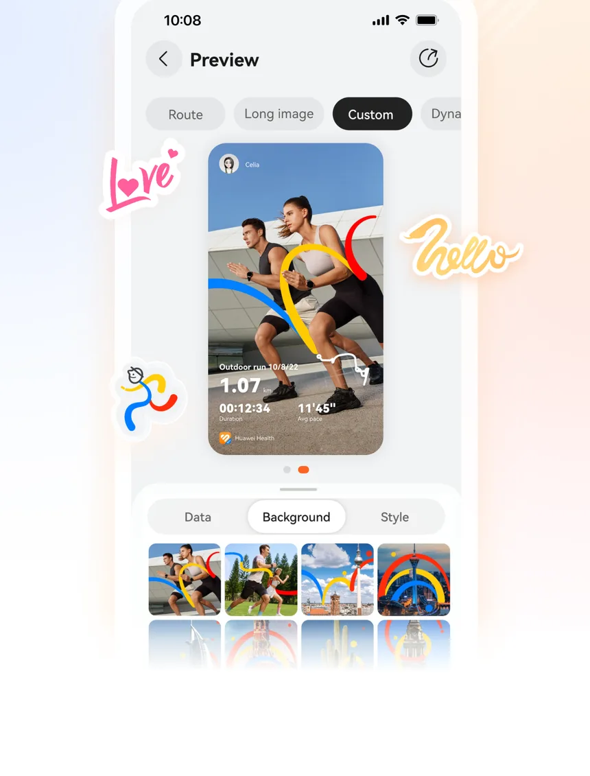 Huawei Health workout sharing preview with a running photo and custom data overlay options