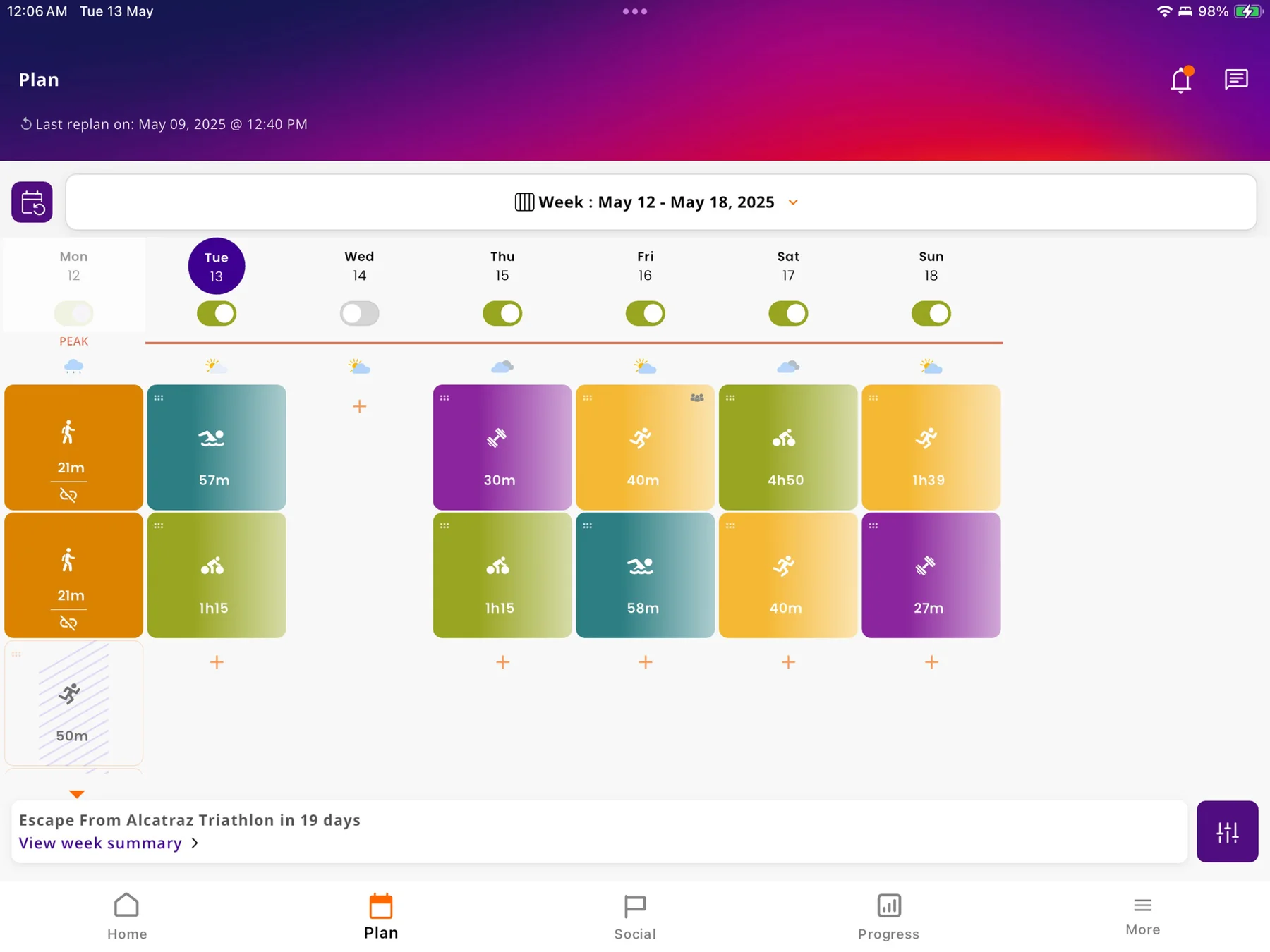 HumanGO weekly training plan on iPad with sessions by sport and day