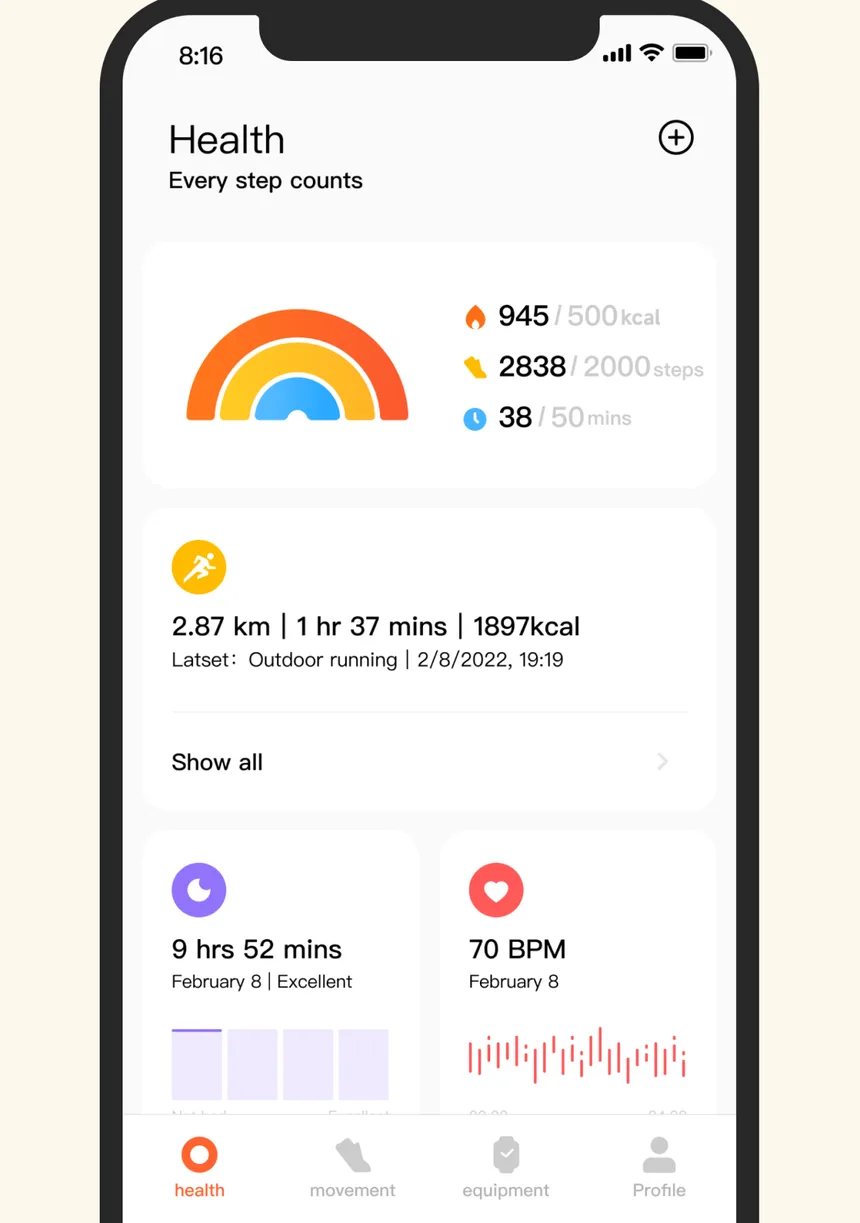 Mi Fitness Health screen with daily activity rings, a recent outdoor run, sleep and heart rate