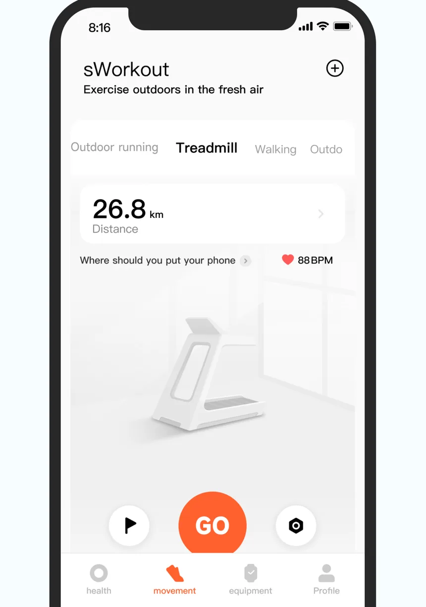 Mi Fitness workout screen for treadmill running showing 26.8 km distance and a start button