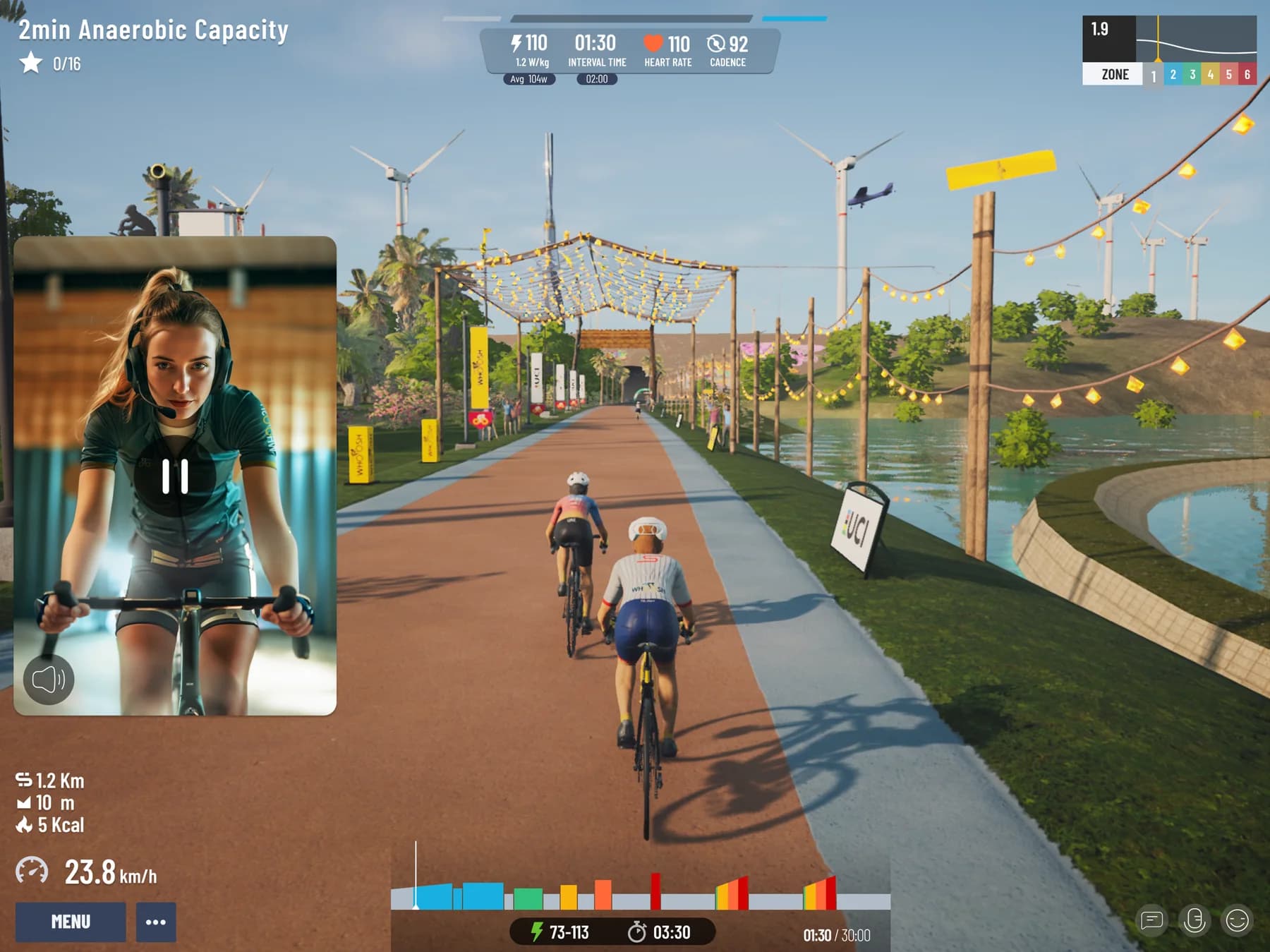 MyWhoosh ride screen with power, heart rate and a live camera view of the rider