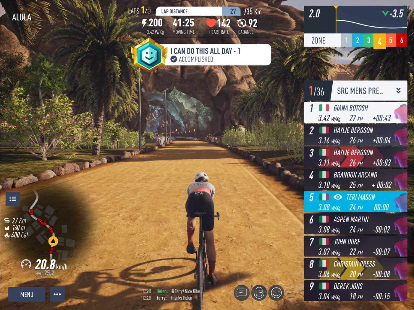 MyWhoosh race with power, heart rate, cadence, a zone bar and a leaderboard by watts per kilo