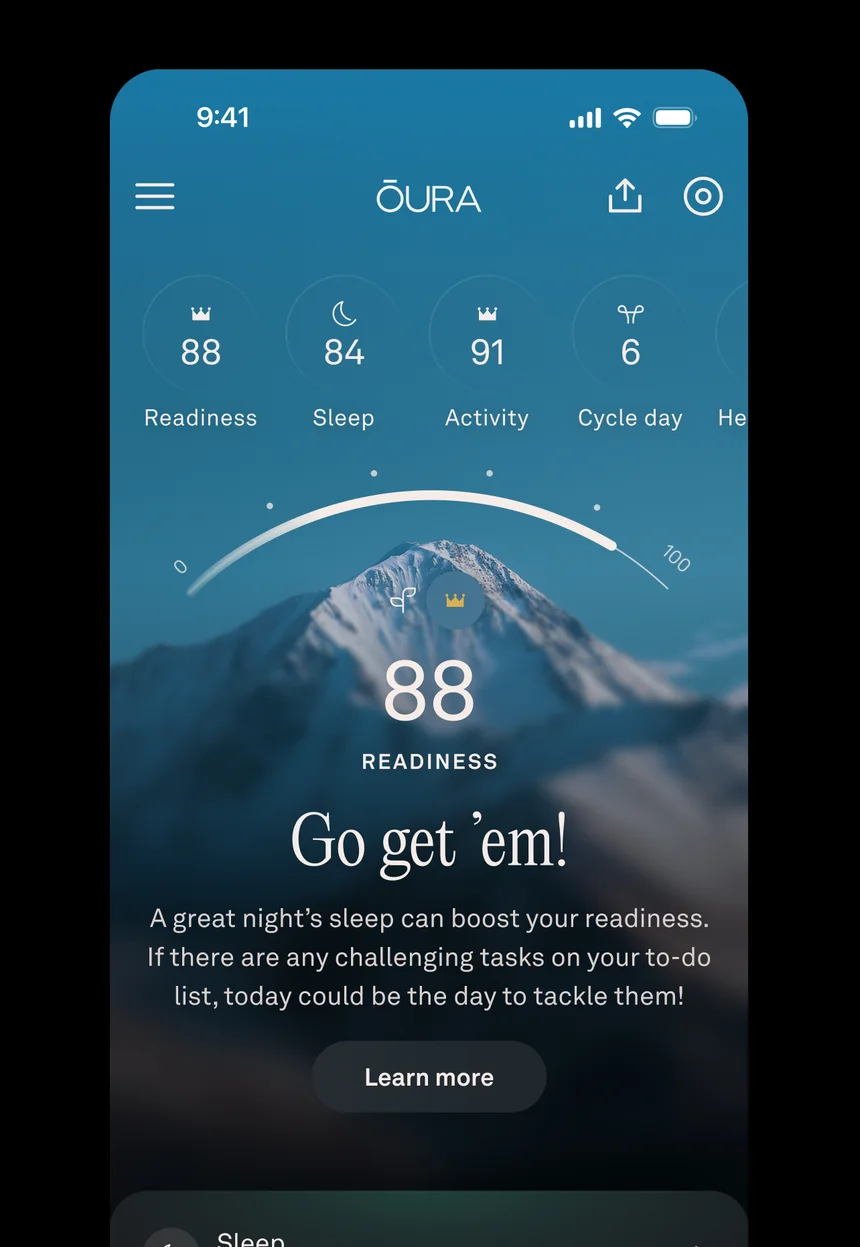 Oura app home screen with a Readiness score of 88 alongside Sleep and Activity scores