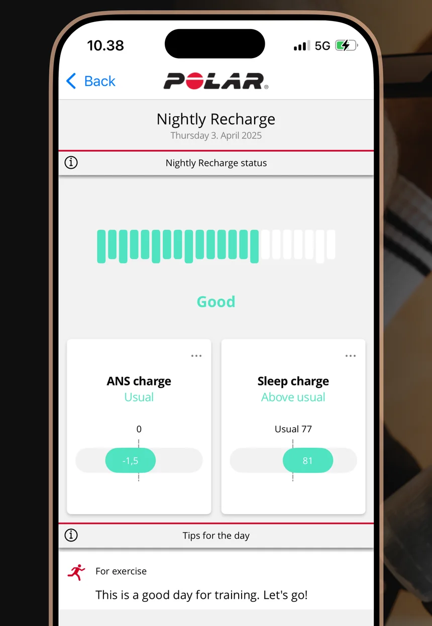 Polar Flow Nightly Recharge rated Good, with ANS charge and sleep charge against the usual range