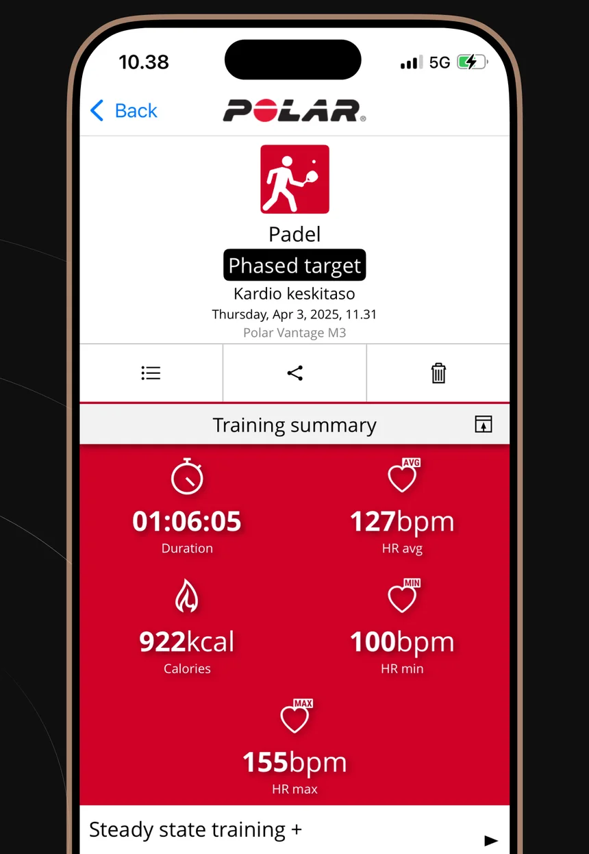 Polar Flow training summary from a Vantage M3 with duration, calories and average, minimum and maximum heart rate