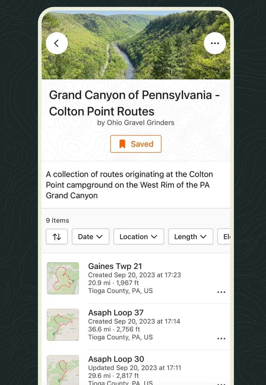 Ride with GPS route collection listing gravel routes with distance and climbing
