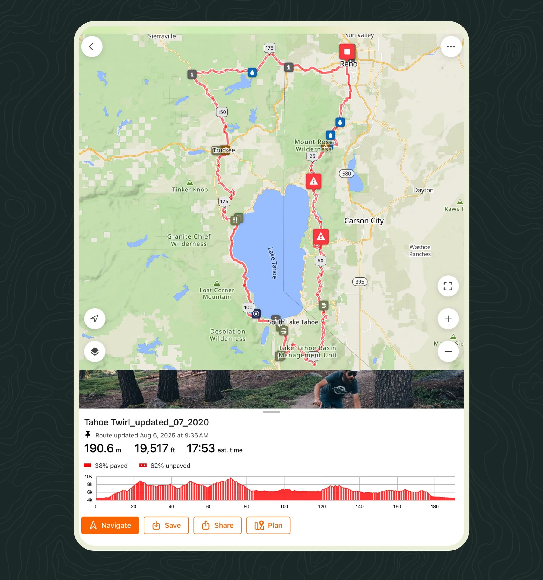 Ride with GPS route around Lake Tahoe on iPad with distance, climbing, surface mix and an elevation profile