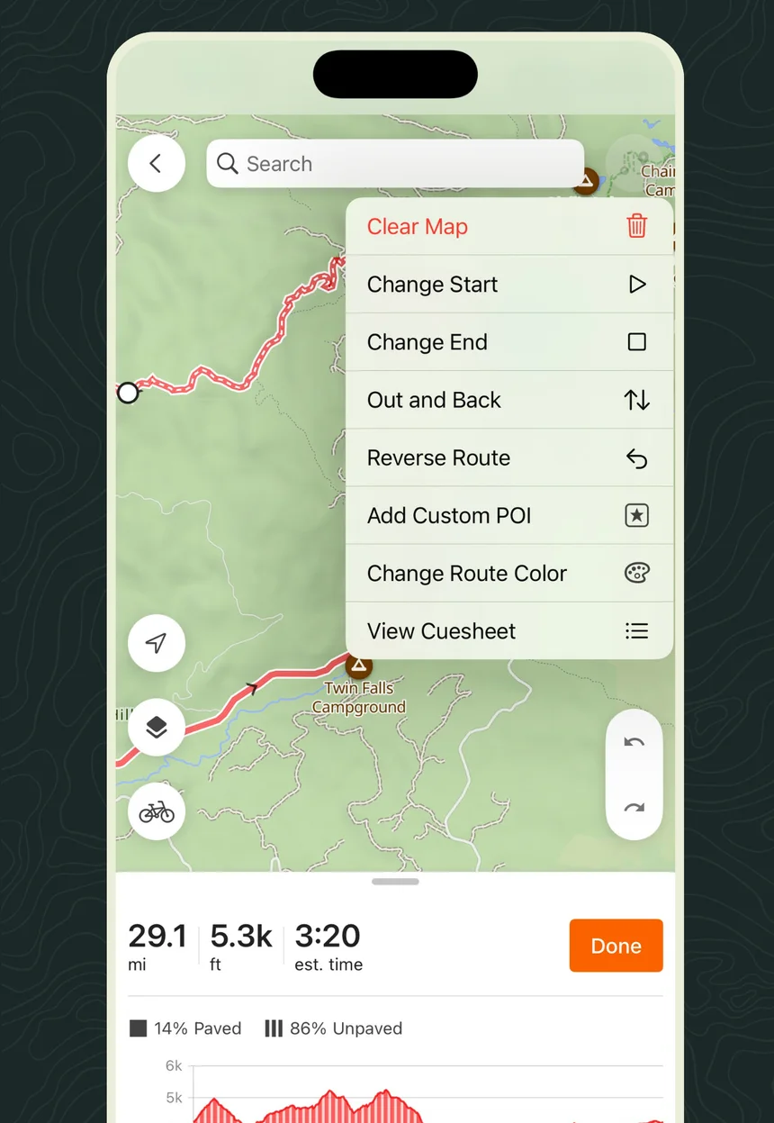Ride with GPS route planner with route options, distance, climbing, estimated time and surface mix