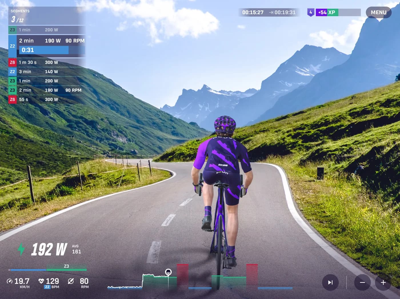 ROUVY workout on an alpine climb with power targets by segment, current power of 192 watts, heart rate and cadence