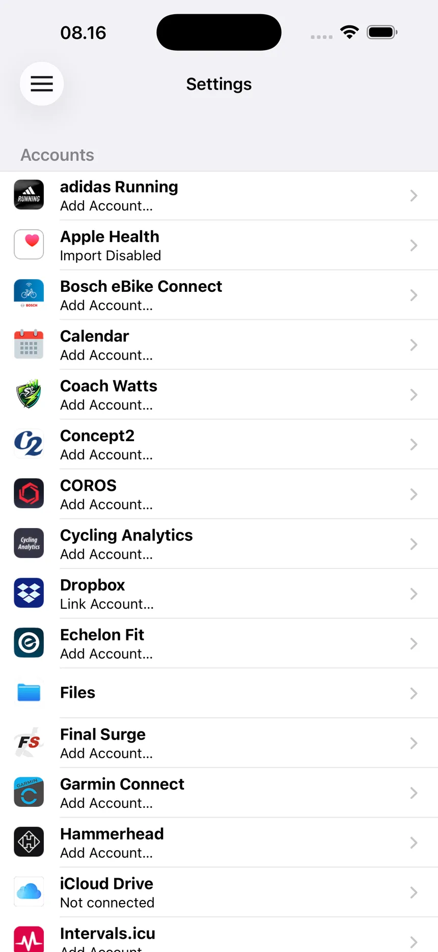 RunGap settings listing connected accounts including Apple Health, Garmin Connect, COROS and Concept2