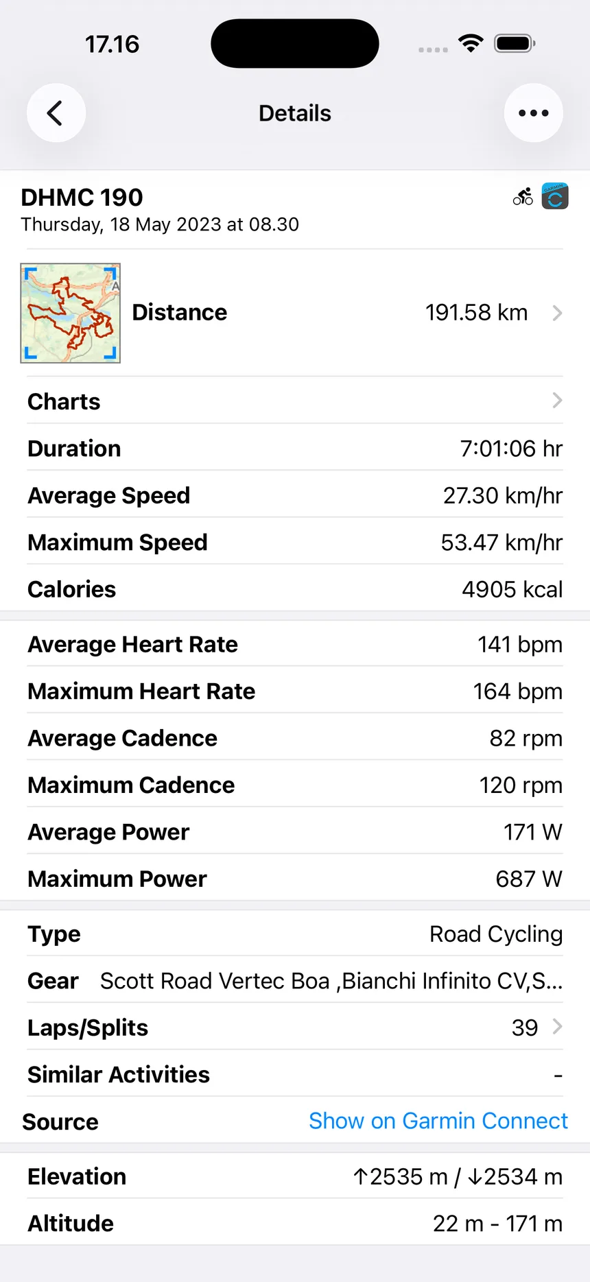 RunGap activity details for a long road ride with duration, heart rate, cadence, power and elevation