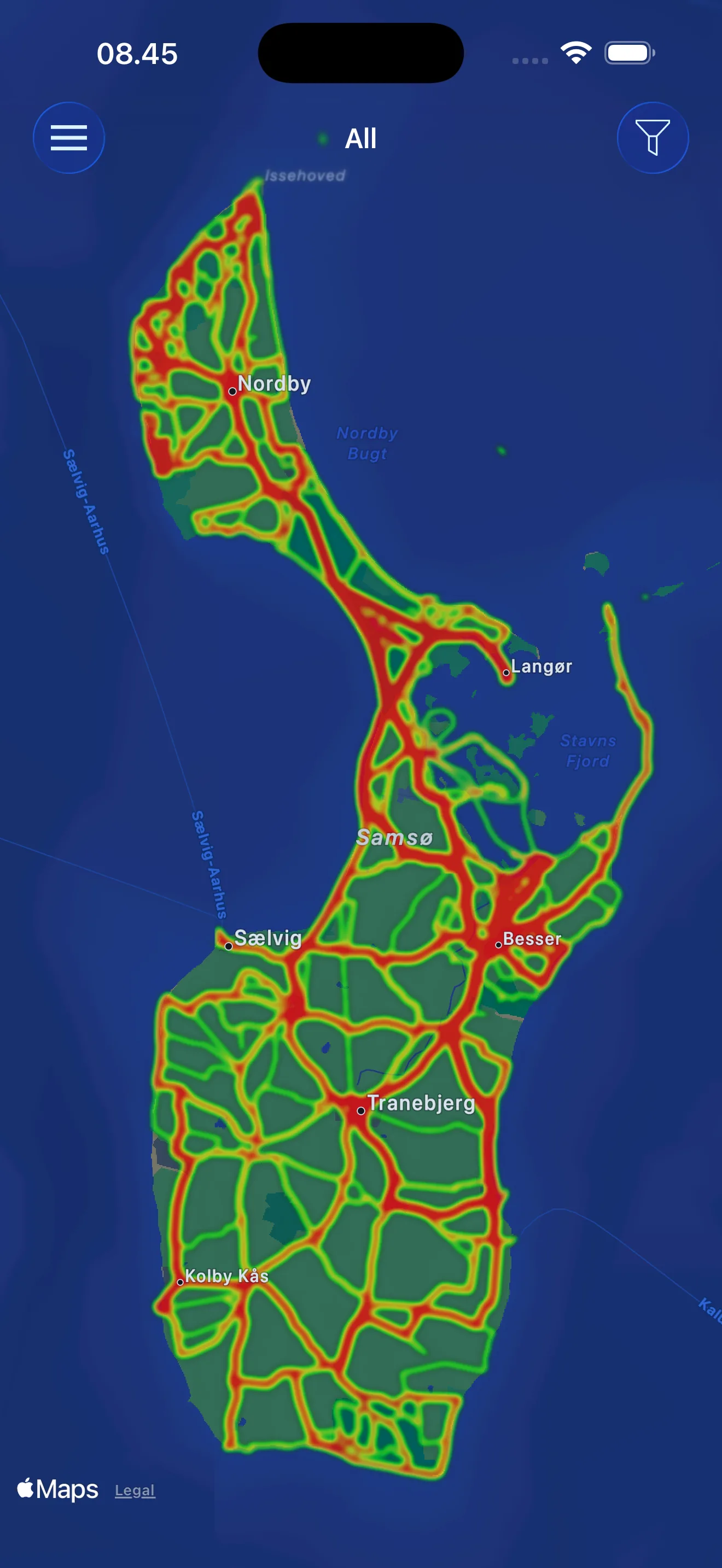 RunGap map of every recorded activity, drawn as a heatmap of routes across an island