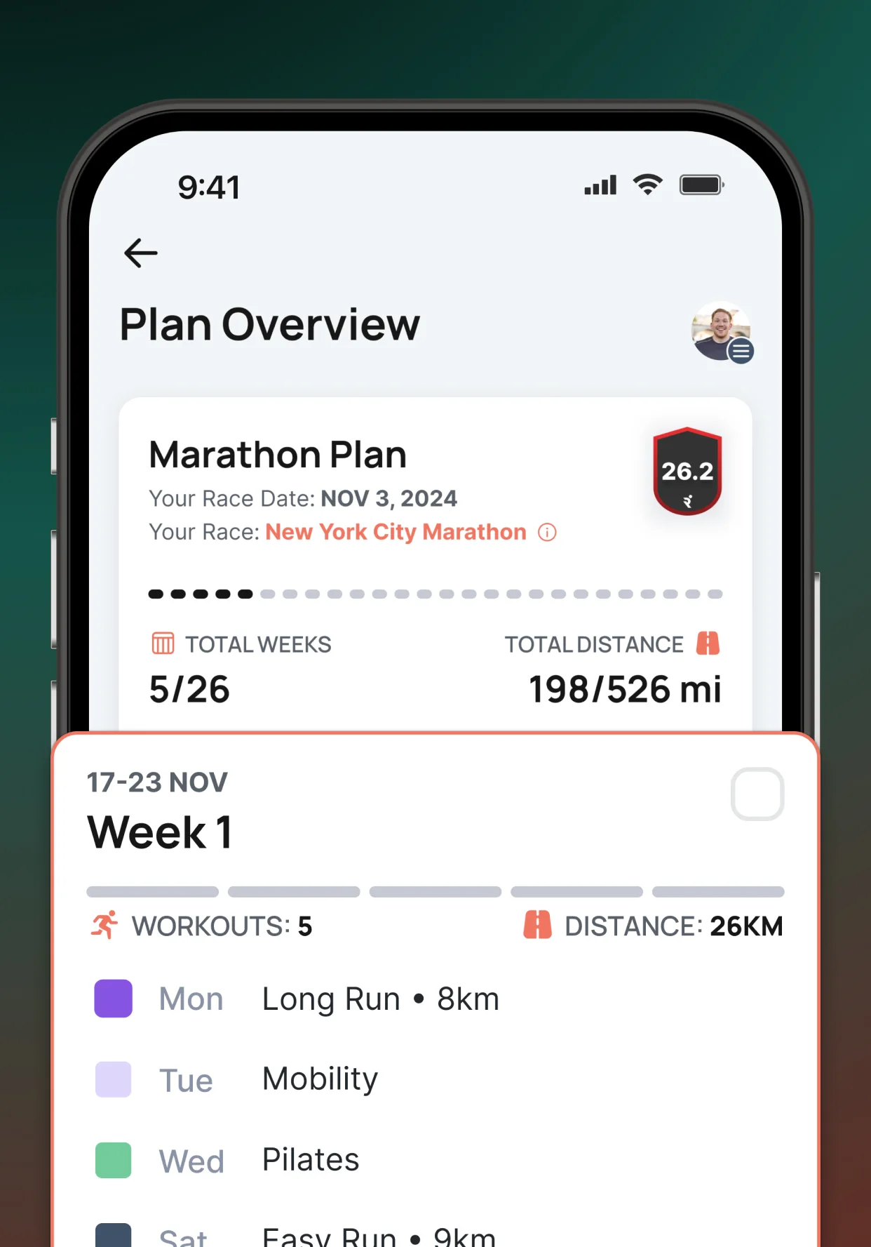 Runna marathon plan overview with race date, weeks completed and total distance