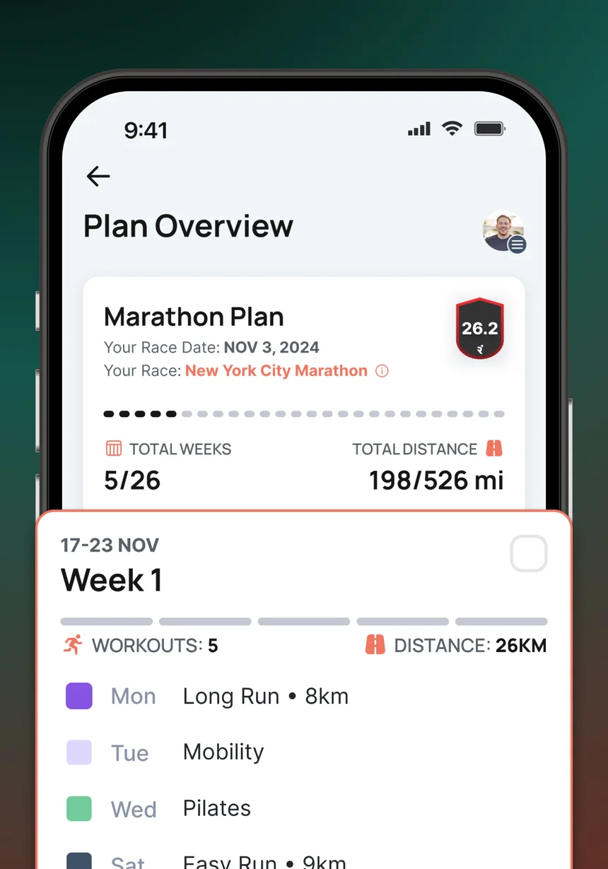 Runna marathon plan overview with race date, progress through the plan and the first week's sessions